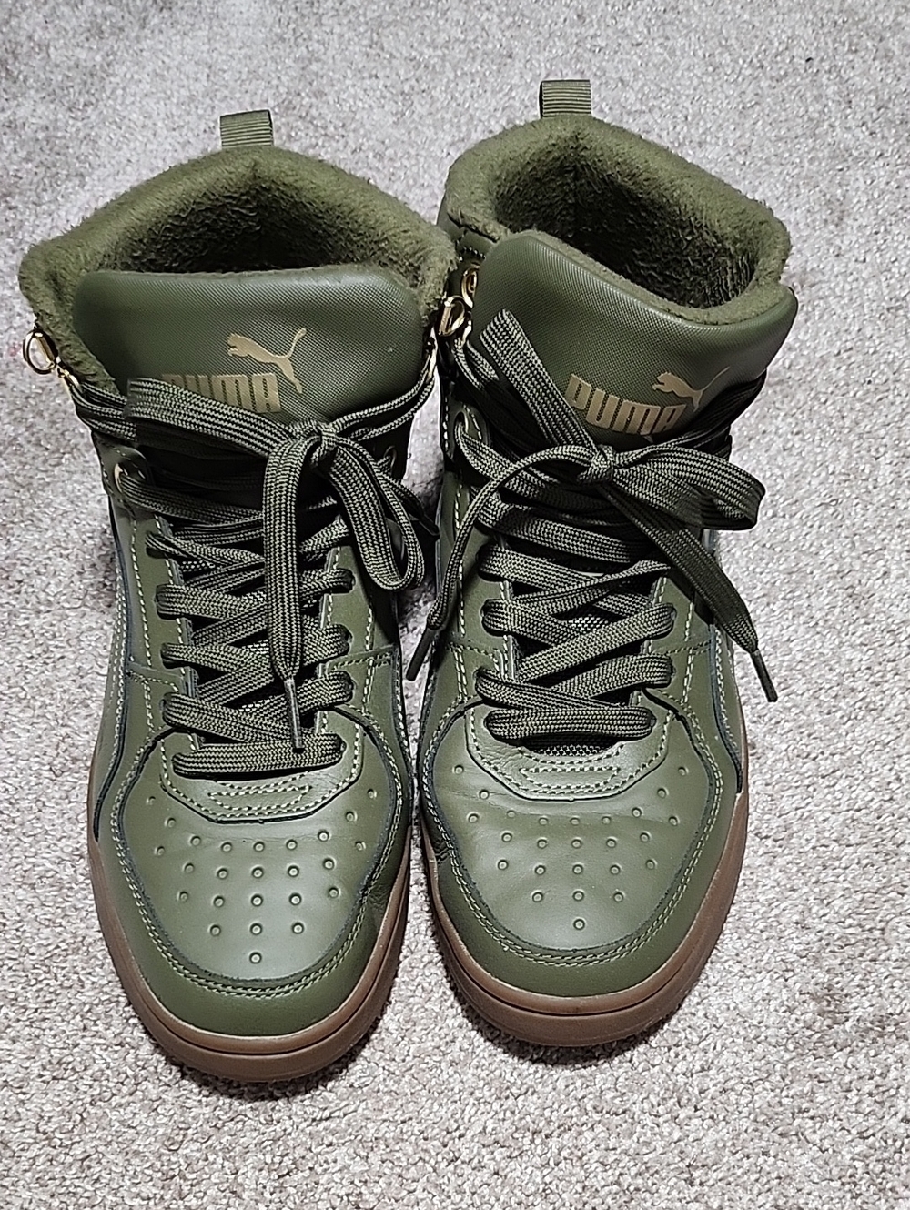 PUMA Women's Olive Green High-Top Boots with Brown Sole